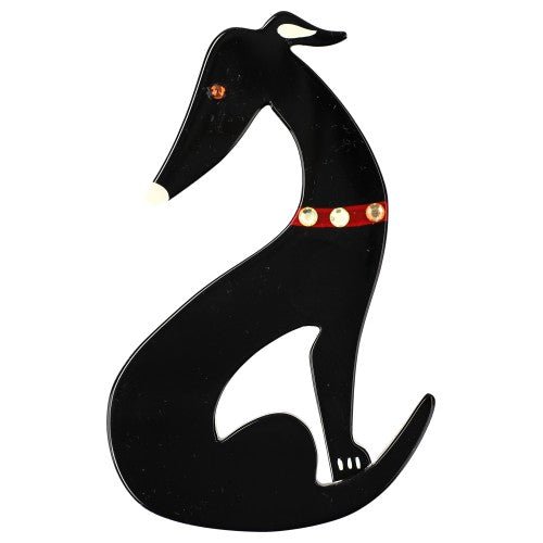 Black Greyhound Dog Brooch with a red Necklace - Galalith – Vintage Jewelry - handcrafted by Pavone by Pavone
