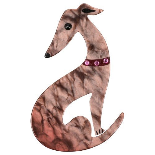 Woodrose Pink Greyhound Dog Brooch with a Purple Necklace - Galalith – Vintage Jewelry - handcrafted by Pavone by Pavone