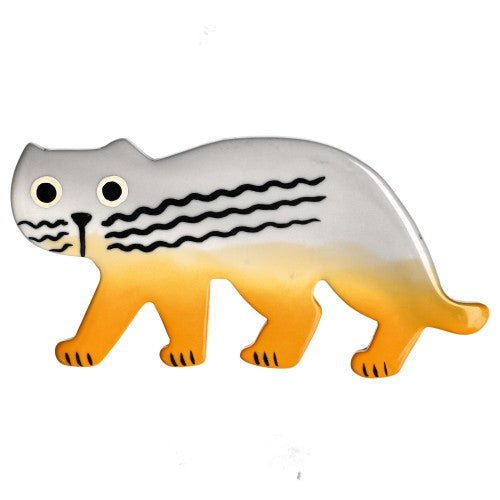Light Grey and Yellow Raspoutine Cat Brooch - Galalith – Vintage Jewelry - handcrafted by Pavone by Pavone
