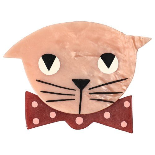 Light Pink Bow Tie Cat Brooch wearing a Pink Bow Tie with Pink Polka Dots - Galalith – Vintage Jewelry - handcrafted by Pavone by Pavone