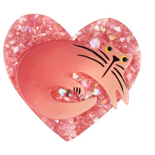 Light Pink Cat on Brilliant Pink Heart Brooch (small size) - Galalith – Vintage Jewelry - handcrafted by Pavone by Pavone