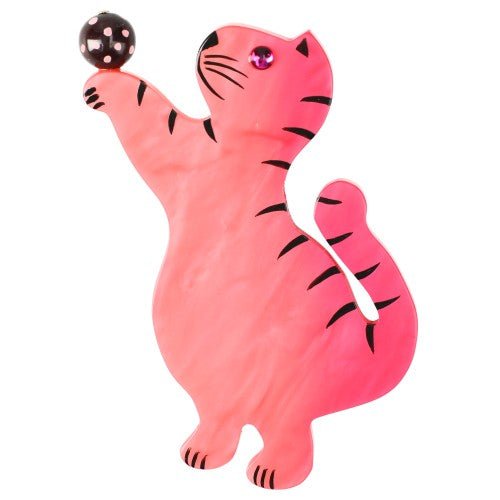 Light Pink Standing Cat Brooch with a Black Ball - Galalith – Vintage Jewelry - handcrafted by Pavone by Pavone