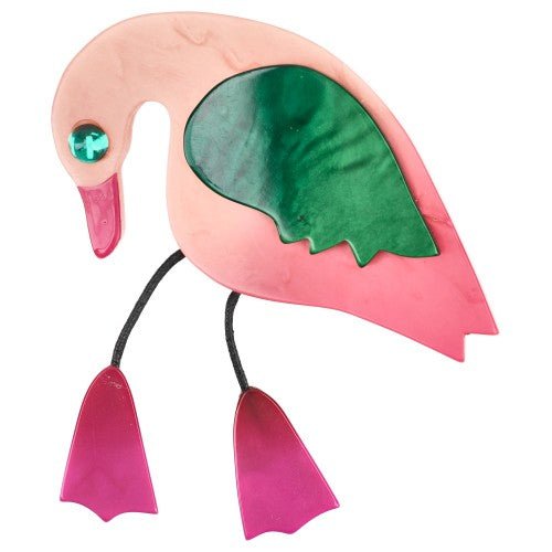 Light Pink with Fir Green Wing and Fuchsia FeetTwisty Bird Brooch - Galalith – Vintage Jewelry - handcrafted by Pavone by Pavone