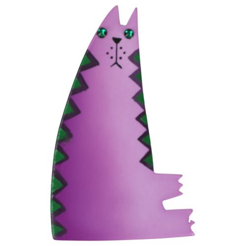 Light Purple Sitting Chadok Cat Brooch with purple and green geometric decor - Galalith – Vintage Jewelry - handcrafted by Pavone by Pavone
