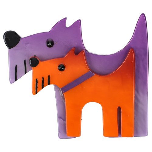 Lilac Purple and Orange Double Dog Brooch - Galalith – Vintage Jewelry - handcrafted by Pavone by Pavone