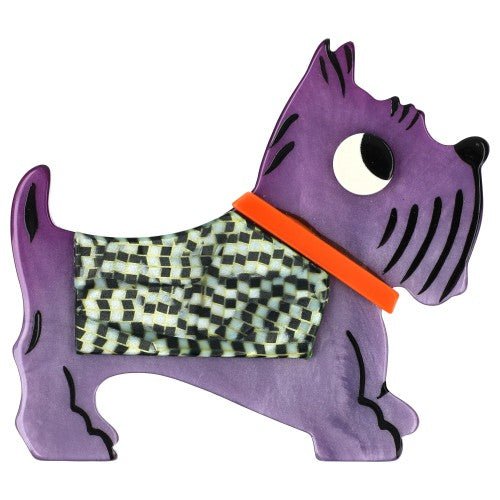 Lilac Purple, Black and White-Green Checkered Coat and Orange Collar, Jano Dog Brooch - Galalith – Vintage Jewelry - handcrafted by Pavone by Pavone