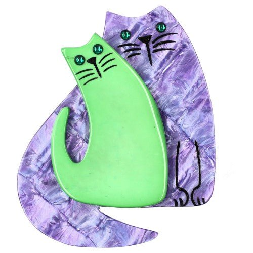 Lilac Purple Boreal and Pistachio Green Cat Couple Brooch - Galalith – Vintage Jewelry - handcrafted by Pavone by Pavone