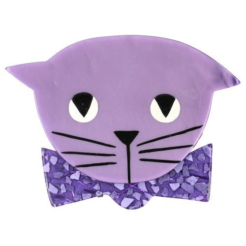Lilac Purple Bow Tie Cat Brooch wearing a Purple Mosaic Bow Tie - Galalith – Vintage Jewelry - handcrafted by Pavone by Pavone