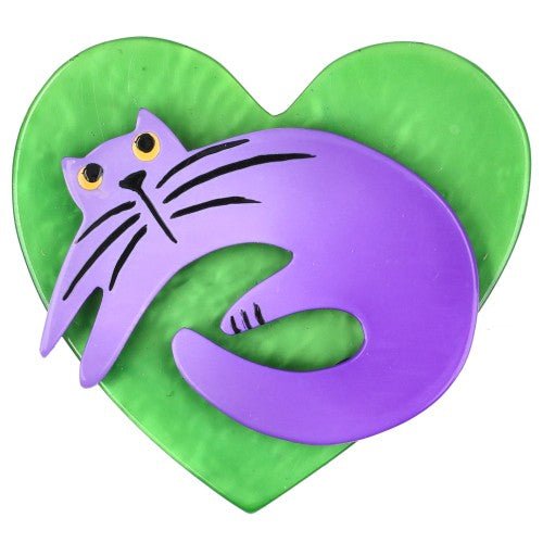 Lilac Purple Cat on Anise Green Heart Brooch (small size) - Galalith – Vintage Jewelry - handcrafted by Pavone by Pavone