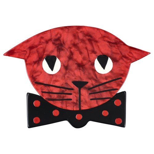 Lipstick Red Bow Tie Cat Brooch wearing a Black Bow Tie with Red Polka Dots - Galalith – Vintage Jewelry - handcrafted by Pavone by Pavone