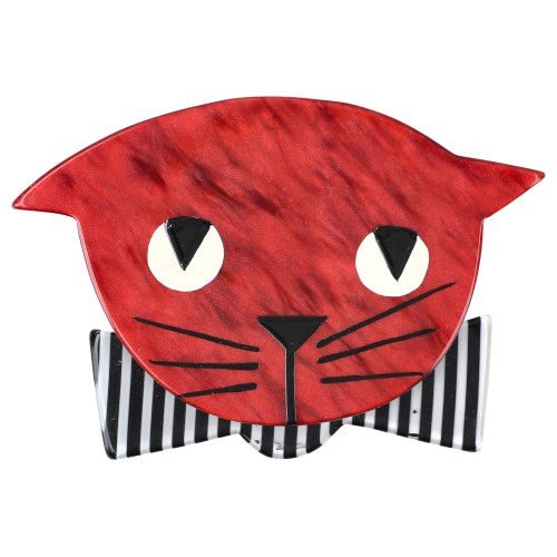 Lipstick Red Bow Tie Cat Brooch with Vertical Black and White Striped Bow - Galalith – Vintage Jewelry - handcrafted by Pavone by Pavone