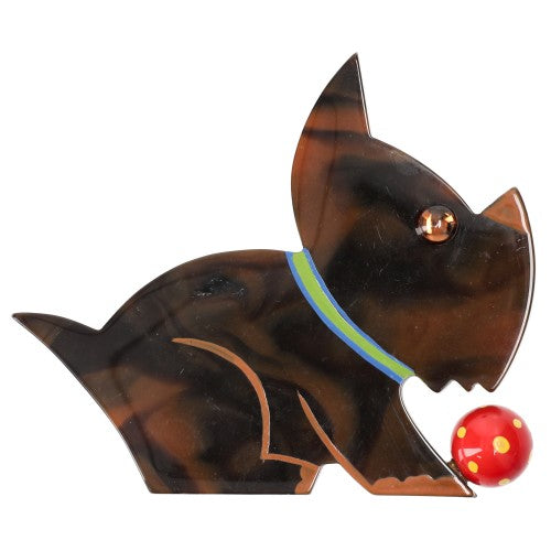 Tortoise shell Lucien Dog Brooch with a Red Ball