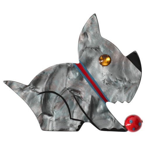 Grey Lucien Dog Brooch with a Red Ball