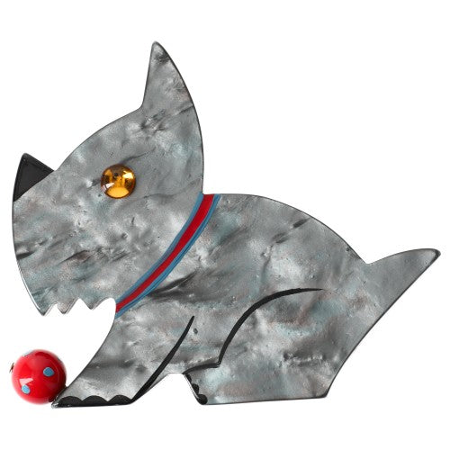 Grey and Red Lucien Dog Brooch with a Red Ball