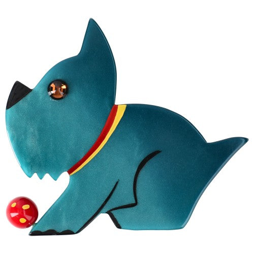 Emerald Blue Lucien Dog Brooch with a Red Ball