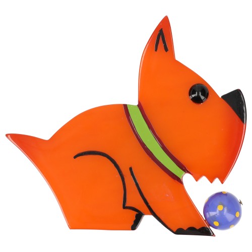 Orange and Anis Green Lucien Dog Brooch with a Blue Ball