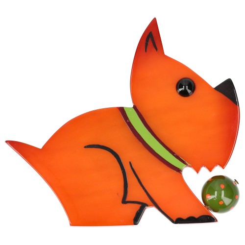 Orange and Anis Green Lucien Dog Brooch with a Anise Green Ball