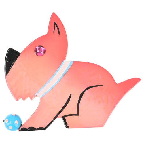 Light Pink Lucien Dog Brooch with a Turquoise Ball