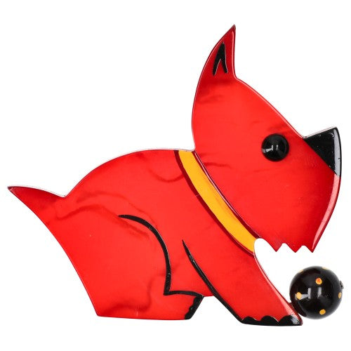 Red and Yellow Lucien Dog Brooch with a Black Ball