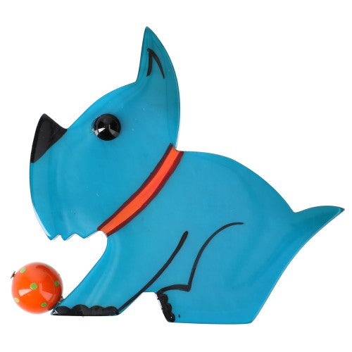 Turquoise Blue and orange Lucien Dog Brooch with a orange Ball