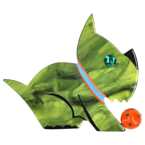 Green Lucien Dog Brooch with a Orange Ball