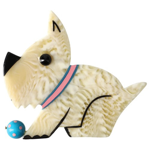 Ivory Lucien Dog Brooch with a Turquoise Ball