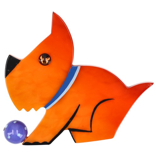 Orange Lucien Dog Brooch with a Blue Ball