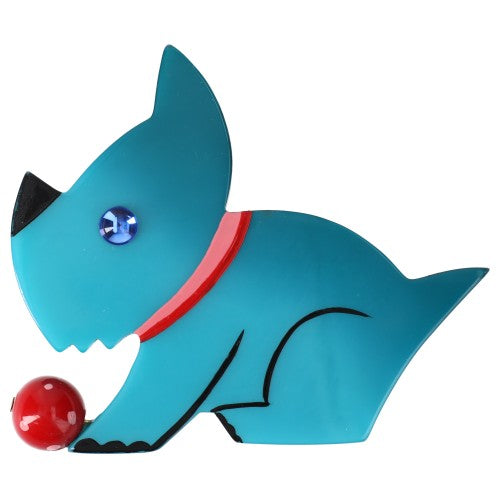 Turquoise Blue Lucien Dog Brooch with a Red Ball