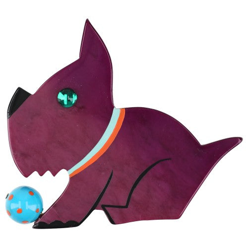 Purple Lucien Dog Brooch with a Turquoise Blue Ball