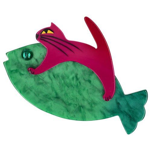 Malachite Green and Fuchsia Pink Sinbad Cat Brooch (small size) - Galalith – Vintage Jewelry - handcrafted by Pavone by Pavone