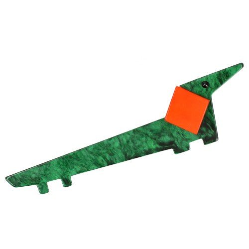 Malachite Green and Orange Lola Teckel Dog Brooch - Galalith – Vintage Jewelry - handcrafted by Pavone by Pavone