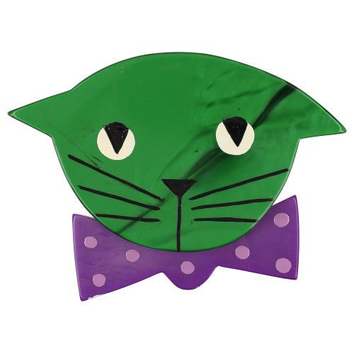 Malachite Green Bow Tie Cat Brooch wearing a Purple Bow Tie with Lilac Purple Polka Dots - Galalith – Vintage Jewelry - handcrafted by Pavone by Pavone