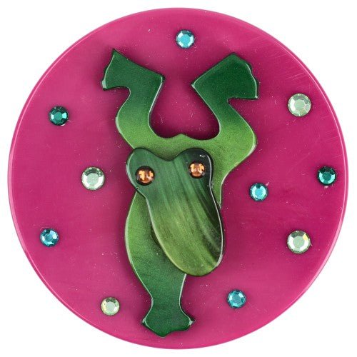 Malachite Green Frog on Cyclamen Pink Round Brooch - Galalith – Vintage Jewelry - handcrafted by Pavone by Pavone