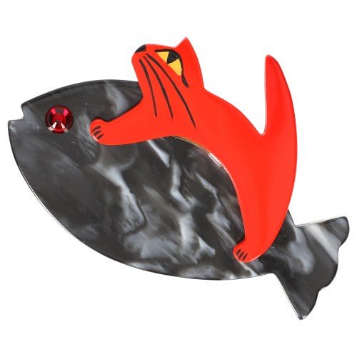 Marbled Grey and Scarlet Red Sinbad Cat Brooch (small size) - Galalith – Vintage Jewelry - handcrafted by Pavone by Pavone