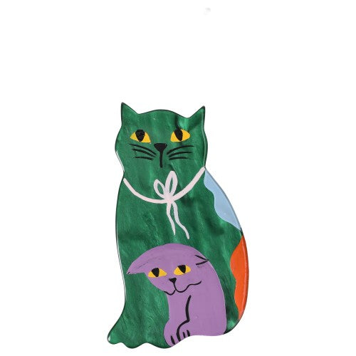 Malachite Green and Lilac Purple Family Cat Brooch
