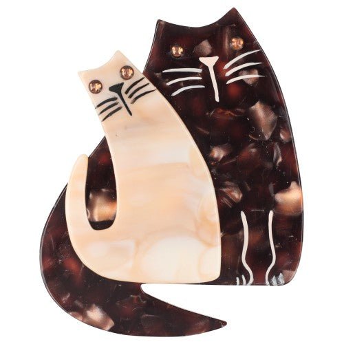 Mica Brownl and Cream Yellow Cat Couple Brooch - Galalith – Vintage Jewelry - handcrafted by Pavone by Pavone