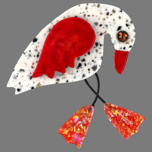 Dotted White and Red Twisty Bird Brooch