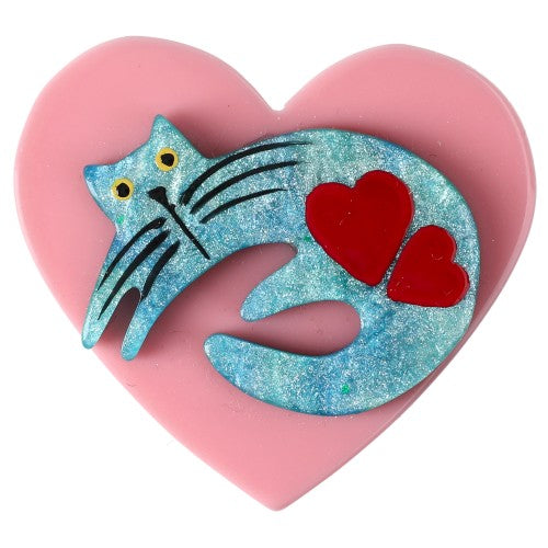 Pearly Turquoise Cat on Pink Heart Brooch (small size)