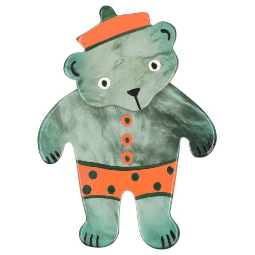 Almond Green with orange Teddy Bear Brooch (little one) PM