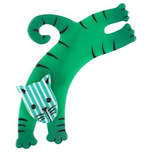 Mint and Striped Grenn Jumpy Cat Brooch GM - Galalith – Vintage Jewelry - handcrafted by Pavone by Pavone