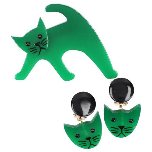 Mint Ouistiti Cat Set (Brooch and Earrings) - Galalith – Vintage Jewelry - handcrafted by Pavone by Pavone
