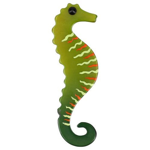 Moos Green, Almond Green and Orange Seahorse Brooch - Galalith – Vintage Jewelry - handcrafted by Pavone by Pavone
