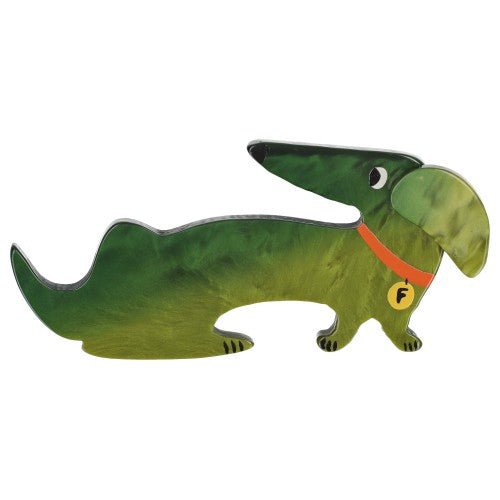 Moos Green Dachshund Fifi Dog Brooch - Galalith – Vintage Jewelry - handcrafted by Pavone by Pavone