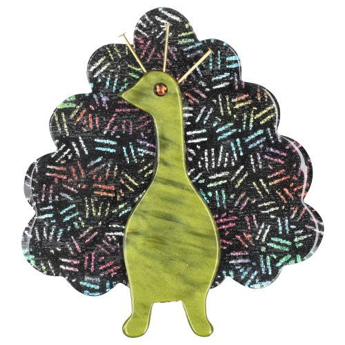 Moose Green and Black with multicolored glitter Peacock Bird Brooch - Galalith – Vintage Jewelry - handcrafted by Pavone by Pavone