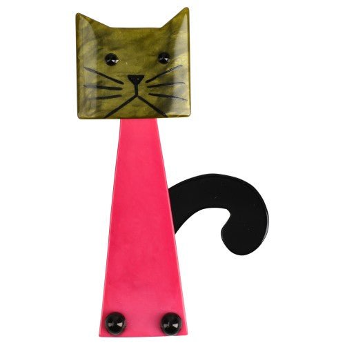 Moss green and Fuchsia Teapot Cat Brooch - Galalith – Vintage Jewelry - handcrafted by Pavone by Pavone