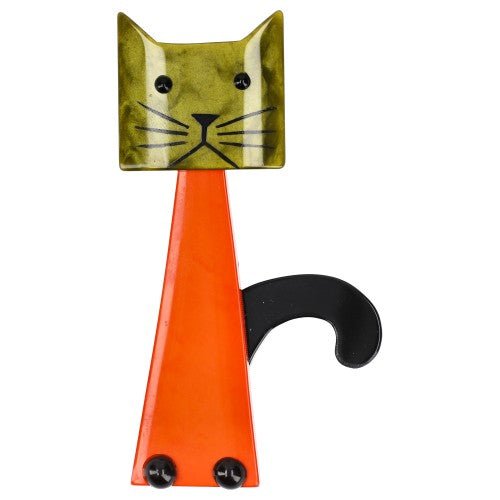Moss Green and Orange Teapot Cat Brooch - Galalith – Vintage Jewelry - handcrafted by Pavone by Pavone