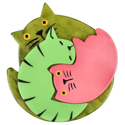 Moss Green, Anis Green and Candy Pink Puzzle Cat Brooch - Galalith – Vintage Jewelry - handcrafted by Pavone by Pavone