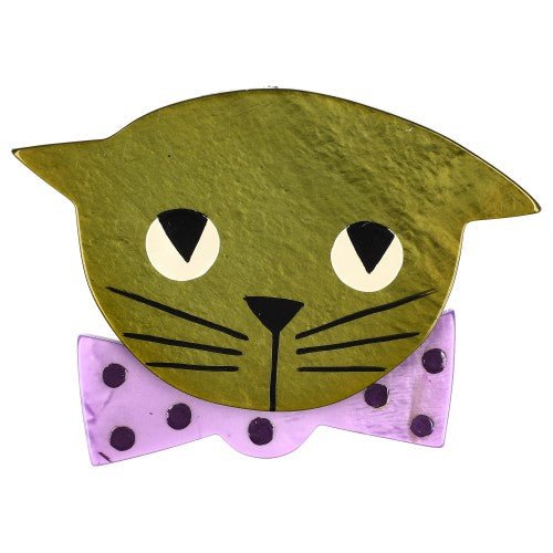 Moss Green Bow Tie Cat Brooch wearing a Lilac Purple Bow Tie with Purple Polka Dots - Galalith – Vintage Jewelry - handcrafted by Pavone by Pavone