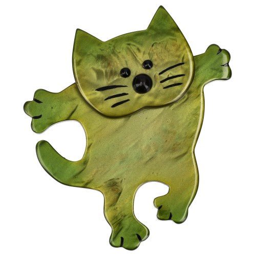 Moss Green Dancing Cat Brooch - Galalith – Vintage Jewelry - handcrafted by Pavone by Pavone