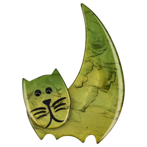 Moss Green Virgule Cat Brooch - Galalith – Vintage Jewelry - handcrafted by Pavone by Pavone